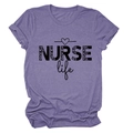 Close-up of NURSE Life slogan with leopard print and heart detail on purple tee - S / Purple