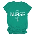 Detail of NURSE Life leopard print lettering and heart graphic on emerald green T-shirt - S / Dark Green