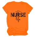 Detail of NURSE life text with leopard print pattern on orange cotton T-shirt - S / Orange