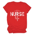 Detail of red cotton T-shirt featuring NURSE Life leopard print graphic and heart design - S / Red