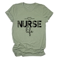 Sage green Nurse Life t-shirt with leopard print letters and crew neck for women - S / Olive Green