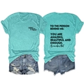 Front and back view of teal t-shirt with YOU matter print and denim shorts outfit - Deep Water Blue (Black Font)