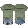 Women's avocado green cotton blend T-shirt with 'you are enough' print and denim shorts - S / Tops / Olive Green