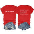 Detailed view of red cotton T-shirt featuring You Are Enough slogan and back text print - S / Tops / Red