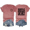 Flat lay of rust red crewneck T-shirt with heart slogan and distressed denim shorts - S / Tops / Rose Gold / Black Font
