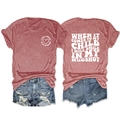 Detailed front and back view of brick red t-shirt with slogan and ripped denim shorts - S / Tops / Rose Gold (White Font)