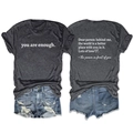 Detail of grey cotton t-shirt with you are enough print and distressed denim shorts - S / Tops / Dark Gray