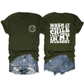 Front and back view of a dark green graphic T-shirt with white lettering and denim shorts - S / Tops / Army Green/White Font