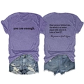 Purple casual t-shirt set with you are enough print and distressed denim shorts - S / Tops / Purple