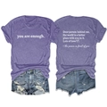 Front and back detail of a purple T-shirt with 'you are enough' print and distressed denim shorts - S / Tops / Purple