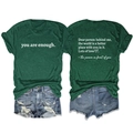 Front and back views of dark green cotton T-shirt with 'you are enough' typography print - S / Tops / Vintage Green