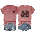 Détail recto-verso de l'ensemble t-shirt rouge Let Them et short en jean vieilli - S / Or Rose (Imprimé Noir)