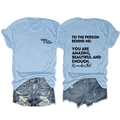 Light blue t-shirt with back quote print paired with distressed denim shorts - Light Blue (Black Font)