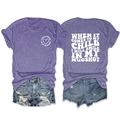 Flat lay of purple crewneck T-shirt with white slogan print and frayed denim shorts - S / Tops / Purple (White Font)