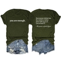 Flat lay of olive green cotton t-shirt with inspirational text and denim shorts - S / Tops / Army Green
