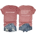 Front and back view of red tee with 'you are enough' text and ripped denim shorts - S / Tops / Rose Gold