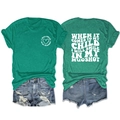 Front and back view of green T-shirt with 'I WILL SMILE IN MY MUGSHOT' slogan print - S / Tops / Dark Green