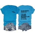 Front and back detail of peacock blue T-shirt with inspirational text and denim shorts - Lake Blue (Black Font)