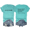 Front and back view of teal short sleeve T-shirt with inspirational quotes and denim shorts - S / Tops / Deep Water Blue