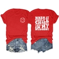 Detailed front and back view of red T-shirt with white heart and slogan print - S / Tops / Red
