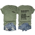 Women's crewneck T-shirt and denim shorts set with positive quote back print - Olive Green (Black Font)