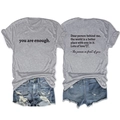 Front and back detail of a grey 'you are enough' T-shirt with blue denim shorts - S / Tops / Light Grey (Black Font)