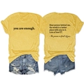 Detail of yellow t-shirt with you are enough slogan and blue ripped denim shorts - S / Tops / Yellow