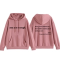 Dusty pink hoodie with inspirational text prints showing front and back views - S / Lotus root pink
