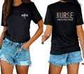 Détails avant et arrière du t-shirt Nurse Life avec motif imprimé inspire love heal - S / Hauts / Noir