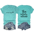 Front and back detail of Mimi Life printed t-shirt with ripped denim shorts set - S / Deep Water Blue