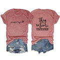 Flat lay of casual red knit T-shirt featuring Mimi Life print and ripped denim shorts - S / Rose Gold (Black Font)