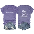 Detail of Mimi Life purple t-shirt showing front and back prints with denim shorts - S / Purple (White Font)