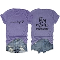 Detail of Mimi Life printed purple t-shirt and distressed denim shorts casual set - S / Purple (Black Text)