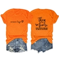 Front and back detail of orange cotton t-shirt with Mimi Life print and denim shorts - S / Orange