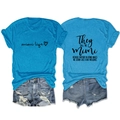 Front and back detail of bright blue Mimi Life print t-shirt with lettered typography - S / Lake Blue
