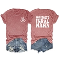 Front and back detail of Heather Red Feral Mama T-shirt with distressed denim shorts - S / Rose Gold