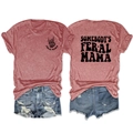 Front and back views of a heather red crew neck T-shirt with Somebody's Feral Mama print - S / Rose Gold