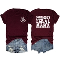 Front and back detail of wine red Feral Mama T-shirt with white graphic prints - S / Burgundy