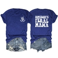Royal blue Somebody's Feral Mama t-shirt and ripped denim shorts set displayed front and back - S / Vintage Blue