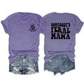 Heathered purple t-shirt with Somebody's Feral Mama print front and back view - S / Purple