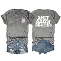 Front and back view of grey cotton T-shirt with SHIT SHOW BESTIES print and denim shorts - S / Dark Grey (White Print)