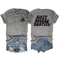 Flat lay of gray cotton T-shirt with Shit Show Besties print and ripped denim shorts - S / Dark Grey (Black Print)