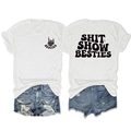 Front and back detail of white cotton T-shirt with vintage Shit Show Besties bubble print - White