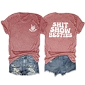 Front and back view of brick red Besties printed T-shirt with denim shorts outfit - Rose Gold (White Print)