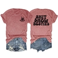 Casual summer set featuring brick red T-shirt with Shit Show Besties print and denim shorts - Rose Gold (Black Print)