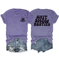 Front and back view of heather purple Besties print cotton blend casual T-shirt - Purple (Black Print)