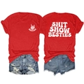 Detail of red crewneck T-shirt with BESTIES print and distressed denim shorts set - Red (White Print)