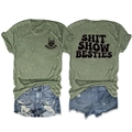 Olive green Shit Show Besties t-shirt set with distressed denim shorts on white background - Olive Green (Black Print)