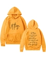 Detail view of ginger yellow hoodie featuring Let Them heart print and back quote - S / Yellow