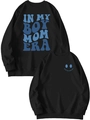 Close-up of 'IN MY BOY MOM ERA' blue wavy typography and ribbed cuffs on black sweatshirt - Black